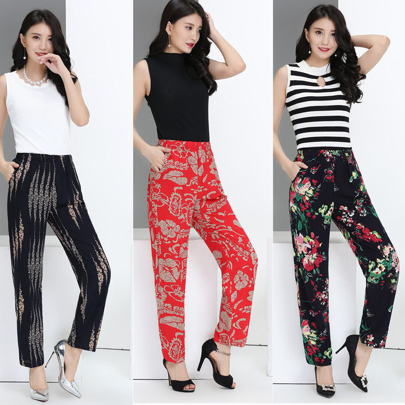 2018 mùa hè mới phong cách bông và vải lanh chín quần phụ nữ trung niên phần mỏng đàn hồi eo gió quốc gia mẹ quần âu