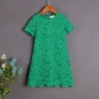 Quần áo trẻ em châu Âu và Hoa Kỳ dành cho phụ huynh và trẻ em mặc váy mùa hè cho mẹ màu rắn ren mới Một chiếc váy ngắn tay bé gái đồ ngủ cho cả gia đình