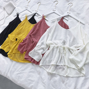 Off-the-vai sling áo len 2018 mùa thu Han Fan 慵 sinh viên lười biếng đa năng tie eo giảm béo knit top