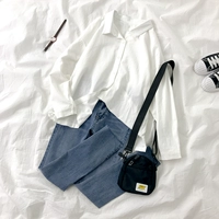 Комплект, лонгслив, рубашка, джинсы, осенний, свободный крой, высокая талия