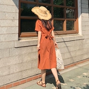 [BP] Hàn Quốc trong blogger đề nghị! Gõ đẹp bí ngô màu retro thanh lịch lại dây đeo ngắn tay áo đầm