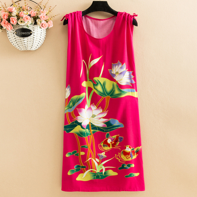 26Fat mm Big size pajamas female summer Nightdress poplin  Medium and long term easy Thin middle age female robe camisole Over the knee vest
