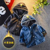 Nam bé váy thủy triều 0-1-3 tuổi 4 bé trai denim áo khoác mùa thu cộng với nhung dày trẻ em nam mùa đông trùm đầu quần áo quần áo trẻ em xuất khẩu