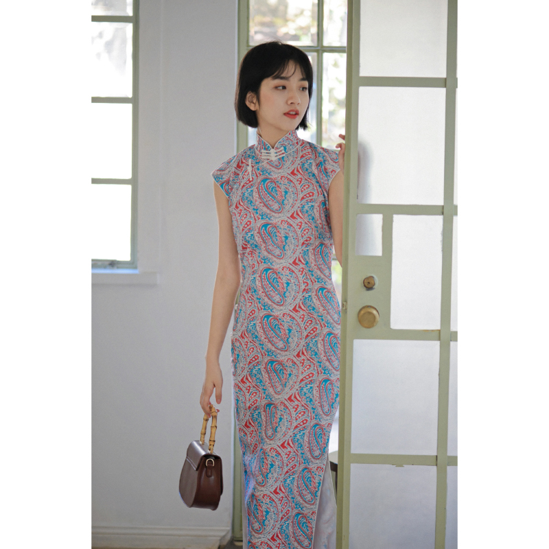 Mo Mo cheongsam spring and summer small -sleeved half -open long placket long retro literary daily printed linen cheongsam Tangli