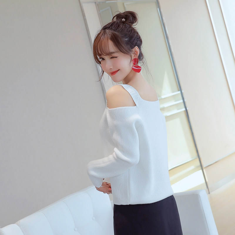 实拍9357现货视频新款白色性感露肩毛衣女一字领吊带露背加厚针织