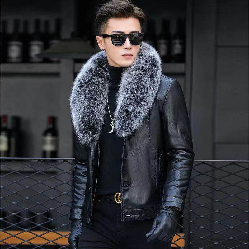 Genuine Leather Jacket Mens All-in-one Short Detachable Fox Fur