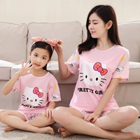 Dễ thương hello kitty cha mẹ và con đồ ngủ mùa hè mẹ và con gái ngắn tay cô gái trong các cậu bé lớn bông dịch vụ nhà phù hợp với bộ đồ thể thao nữ