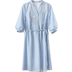 [New giá 149 nhân dân tệ] 2018 mùa hè v cổ áo thêu màu xanh sọc một từ váy khí đèn lồng tay áo đầm Sản phẩm HOT