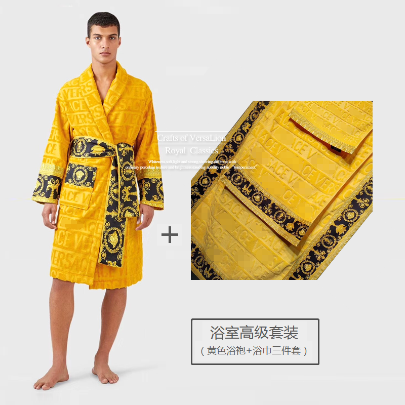 Three Sets Of Yellow Bathrobe And Bath TowelEuropean style White towel 3-piece set model houses TOILET decorate pure cotton black Male and female luxurious thickening water uptake Bath towel