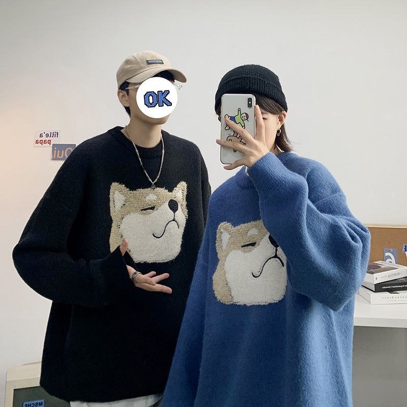 Cartoon printed sweater men's Korean fashion ins loose oversized T-shirt autumn / Winter Hong Kong Style Round Neck couple's wear