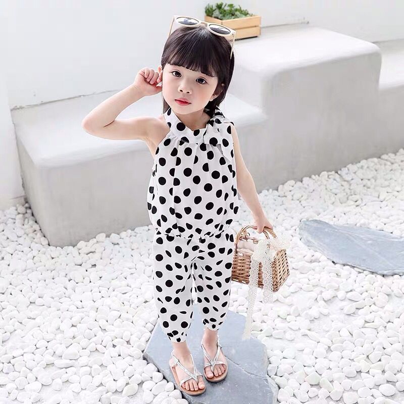 Suit Black And White Dotfemale Boy poplin  Silk Rayon vest suit 2021 summer wear children jacket trousers Baby girl Two piece set