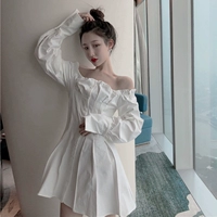 Mùa thu phụ nữ 2018 phong cách mới Hồng Kông hương vị tính khí quây từ cổ áo cao eo đơn ngực dài tay trắng ăn mặc váy xinh