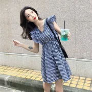 Đầm mùa hè của phụ nữ Hàn Quốc phiên bản của khảm ngọt xù tay lỏng lẻo lưới v- cổ cao eo là mỏng một từ váy thủy triều