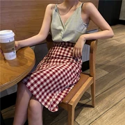 Nữ mùa hè 2018 mới Hàn Quốc khí dây đeo v- cổ vest + kẻ sọc chia ngã ba váy hai mảnh phù hợp với
