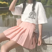 Mùa xuân và mùa hè của phụ nữ Hàn Quốc phiên bản của cô gái tươi nhỏ dây đai cao eo xếp li váy váy sinh viên váy hoang dã Một từ váy