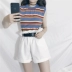 Mùa hè ăn mặc Hàn Quốc phiên bản của băng lụa sọc mỏng hoang dã dệt kim không tay vest + tai gỗ rộng quần short chân phù hợp với đồ bộ kiểu đẹp 2021 Bộ đồ