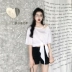Thời trang của phụ nữ Hàn Quốc phiên bản của thắt lưng thắt nút xiên cổ áo quây T-Shirt nữ lỏng quây thiết kế ý nghĩa của dưới cùng ... áo thun tay lỡ Áo phông