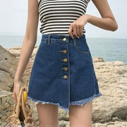 Mùa hè mới Hàn Quốc phiên bản của cao eo khóa quần short denim nữ không thường xuyên khâu cạnh thô chia hoang dã Một từ váy