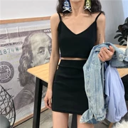 Mùa hè ăn mặc của phụ nữ Hàn Quốc phiên bản của chic cẩn thận máy phù hợp với ngắn V-Cổ sling + túi hip giảm béo váy nữ hai mảnh