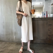 Mùa hè mới của Hàn Quốc phiên bản của chic lỏng mỏng V-Cổ chia dài ăn mặc màu rắn áo thun ngắn tay T-Shirt dress