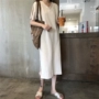 Mùa hè mới của Hàn Quốc phiên bản của chic lỏng mỏng V-Cổ chia dài ăn mặc màu rắn áo thun ngắn tay T-Shirt dress đầm len dài