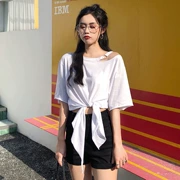 Thời trang của phụ nữ Hàn Quốc phiên bản của thắt lưng thắt nút xiên cổ áo quây T-Shirt nữ lỏng quây thiết kế ý nghĩa của dưới cùng ...