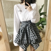 2018 mùa xuân mới Hàn Quốc thư in dài vi- minh bạch t- shirt + băng bất thường plaid váy bộ