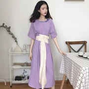 Retro Hàn Quốc phiên bản của chic gió vòng cổ đơn giản hoang dã màu tinh khiết bìa belly tie eo ngắn tay dress dài váy nữ