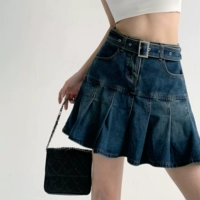 Ретро джинсовая юбка, приталенная мини-юбка, летняя юбка в складку, коллекция 2022, высокая талия, А-силуэт