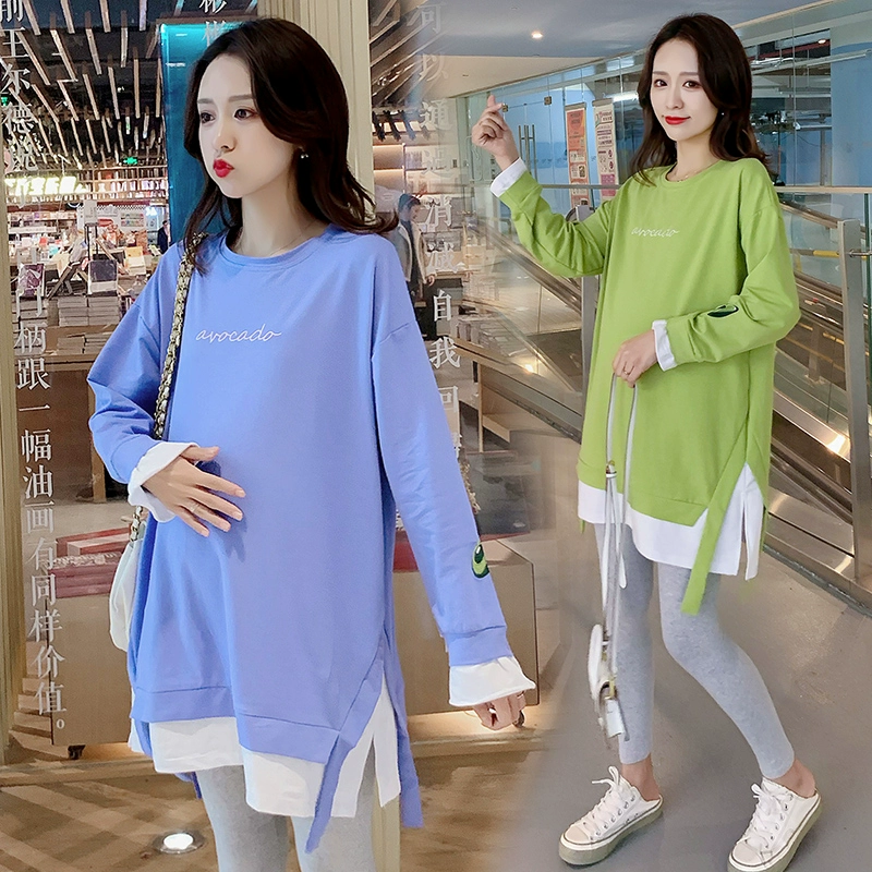 Thêm phân bón để tăng kích cỡ áo len cho bà bầu mùa xuân của phụ nữ thời trang Hàn Quốc dài vừa phải áo thun dài chị béo mẹ 200 kg - Áo thai sản