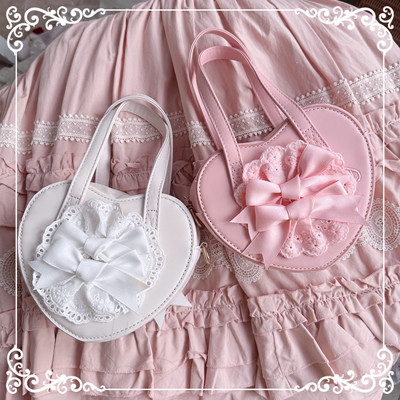 taobao agent Lolita element heart -shaped small leather bag cute versatile pure -colored handbag Bun Lololita style hand work