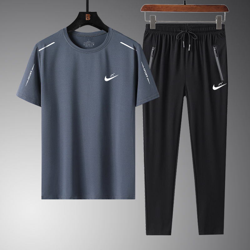 8822 Two Piece Grey Trousers SetNike summer Ice silk leisure time Sports suit male run Short sleeve T-shirt Crew neck Quick drying shorts Three piece suit