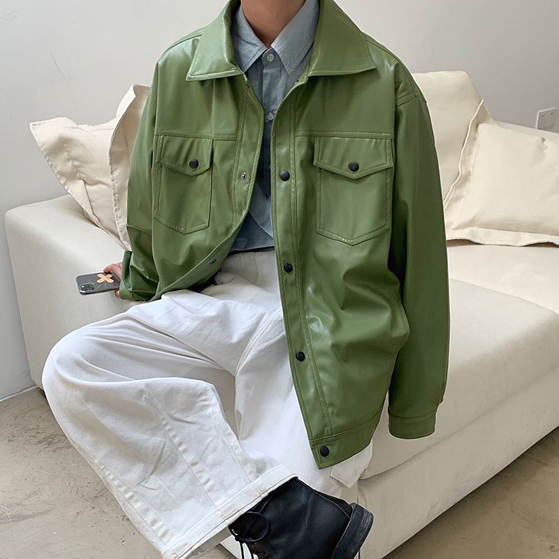Fruit Green@ Fangshao Menswear Port style spring Ruffian handsome jacket male Solid color easy trend Single breasted locomotive Korean version leather jacket
