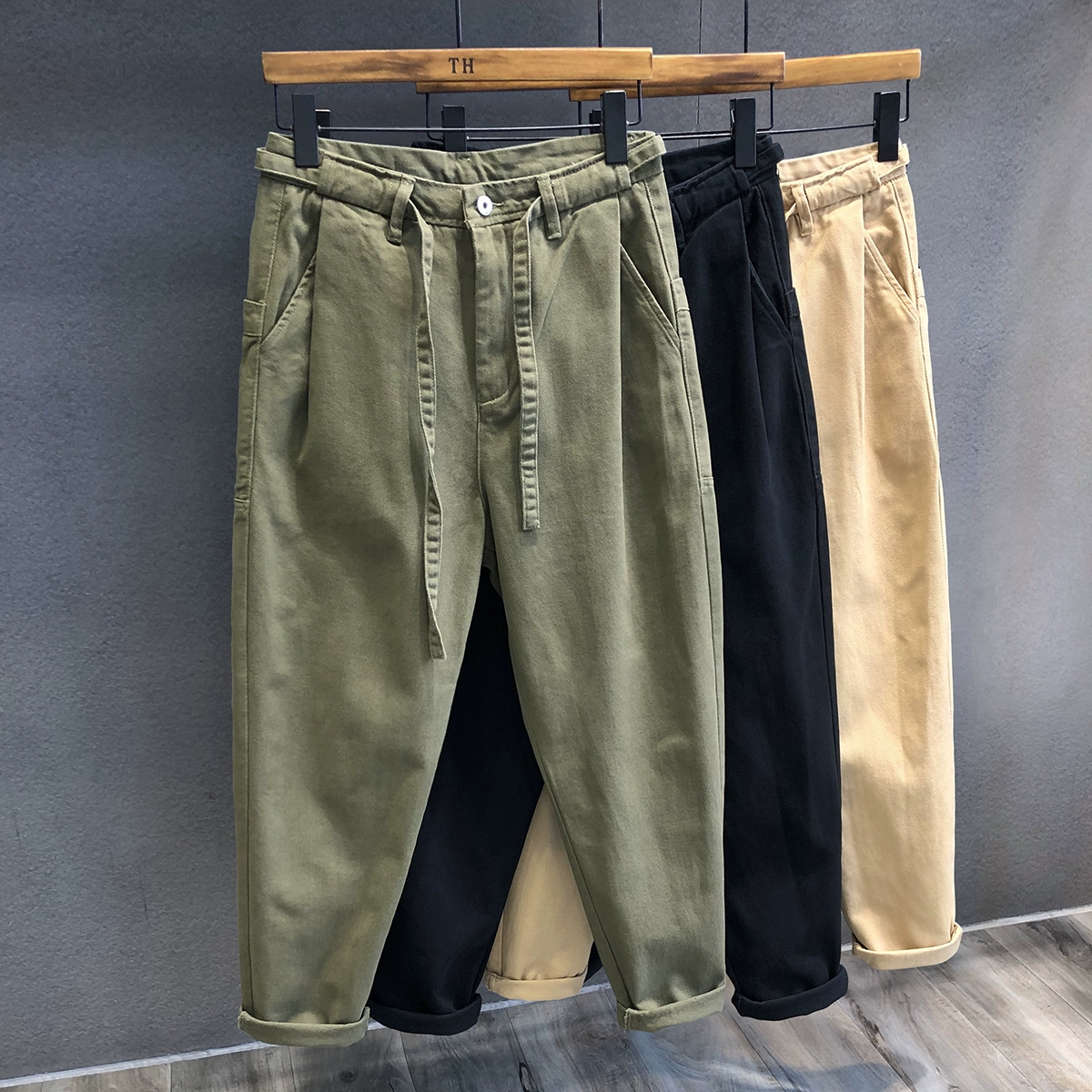 Retro Army Green Workwear Màu sắc thường được giặt Quần Harem Quần âu nam Quần dài nhỏ gọn - Quần mỏng