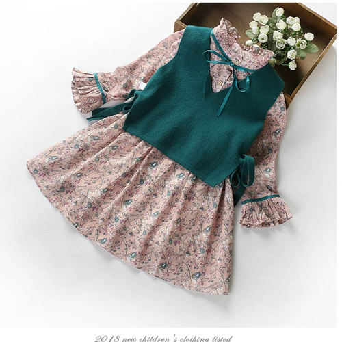 Осеннее платье, юбка, детский наряд маленькой принцессы, комплект, жилет, в корейском стиле, детская одежда, длинный рукав, цветочный принт