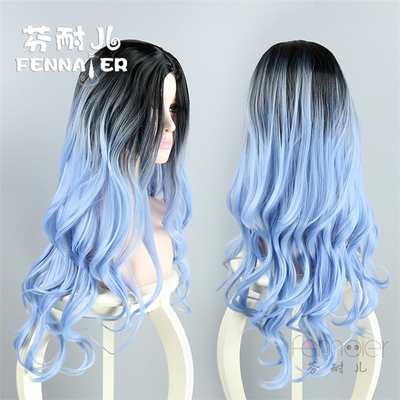 taobao agent Fenny Black Gradm ice Blue Divided Women's Fashionable curly hair High -temperature silk female ball playing as a whole wig