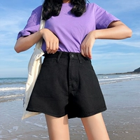 Dora Chaoren Hội Trường Hồng Kông hương vị retro chic màu rắn cao eo là quần short denim mỏng đơn giản hoang dã quần chân rộng phụ nữ quần dài