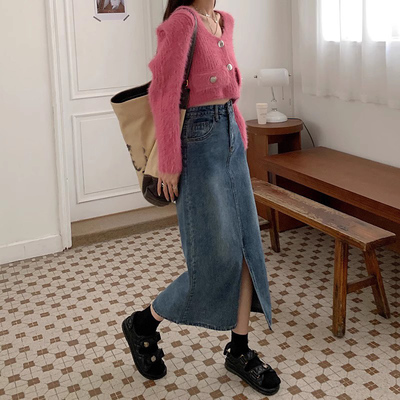 taobao agent Denim denim skirt, autumn pleated skirt, plus size, fitted, high waist
