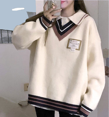 taobao agent Demi-season sweater, set, knitted top, plus size, polo collar, fitted