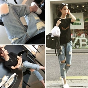 Quần jeans rách nữ xã hội xuân hè 2018 phiên bản Hàn Quốc mới của nữ sinh thủy triều bf hoang dã cởi quần chín điểm