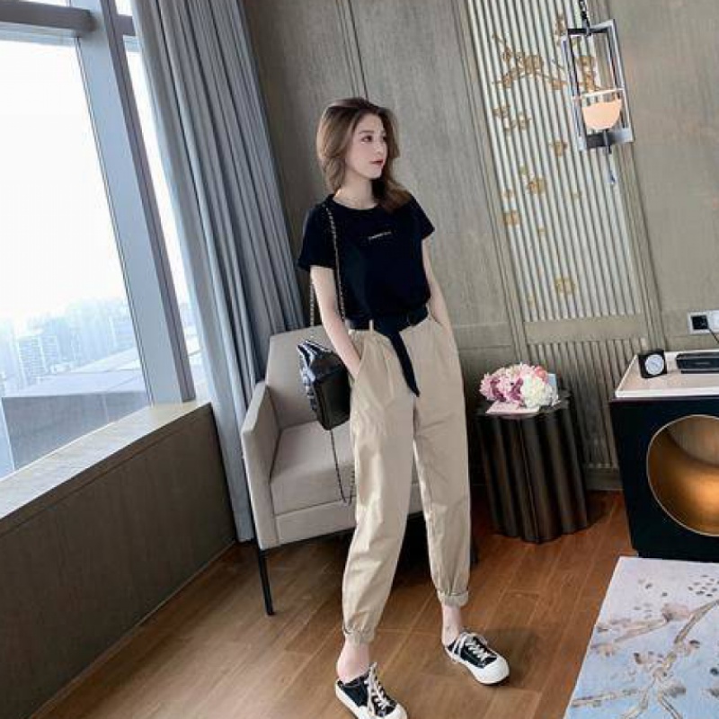 2020夏季新款韩版短袖套装女时尚束脚九分哈伦裤两件套24