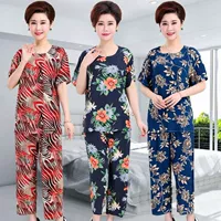 Mùa hè ngắn tay cotton lụa phù hợp với bông vải XL trung niên đồ ngủ phụ nữ vải cotton mẹ tải dịch vụ nhà pijama nam