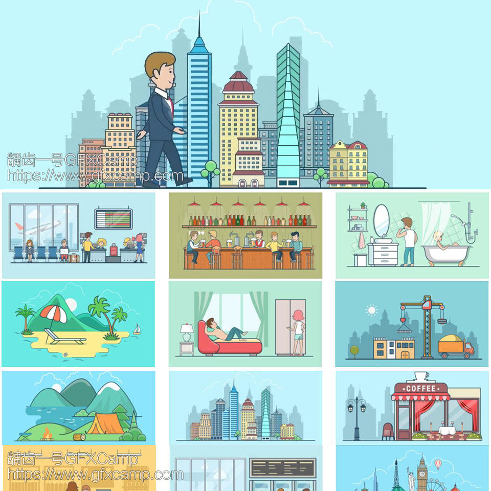 AE模板-企业卡通一周飞碟说线条人物角色解说MG动画片头场景元素包