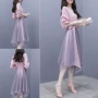 2018 mùa hè mới Hàn Quốc phiên bản của mỏng một vai sọc đèn lồng tay áo phần dài không thường xuyên giả hai mảnh váy 	váy tôn eo	
