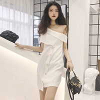 Hàn quốc phiên bản của chic bất thường khâu sọc dọc sương xiên vai xương đòn đơn ngực Slim Một từ ăn mặc nữ mùa hè váy chữ a dài