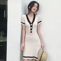 Mùa hè Hàn Quốc phiên bản của chic slim slim casual hoang dã hit màu đan ba nút Một váy váy váy nữ đầm xòe