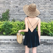 Mùa hè Hàn Quốc phiên bản của sexy backless chữ thập strap V-cổ nhung đầm Slim đáy váy xếp li phụ nữ