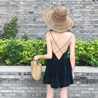 Mùa hè Hàn Quốc phiên bản của sexy backless chữ thập strap V-cổ nhung đầm Slim đáy váy xếp li phụ nữ 	váy dây rút eo	