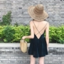Mùa hè Hàn Quốc phiên bản của sexy backless chữ thập strap V-cổ nhung đầm Slim đáy váy xếp li phụ nữ 	váy dây rút eo	