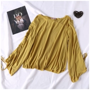 Puff Sleeve 2018 Mùa thu mới của phụ nữ từ cổ áo đơn giản thẳng dài tay áo mỏng Knit Top GY